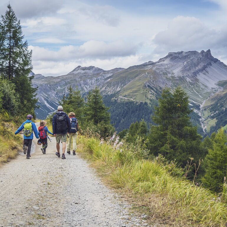Eine Familie geht auf einem breiten Schotterweg der an gelben Wiesen und grünen Lerchen vorbei bis zum Jatzmeder bei der Bergstation Rinerhorn führt.  | © Davos Klosters Mountains