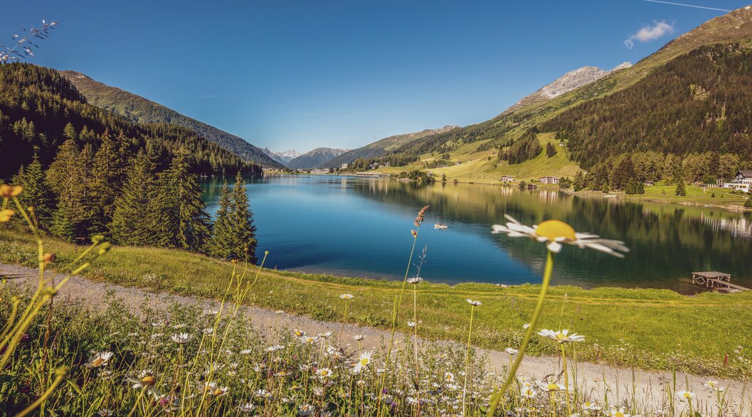 Davoser See im Sommer | © Andrea Badrutt Blick auf den Davoser See und zum Dorf Davos im Sommer. | © Andrea Badrutt