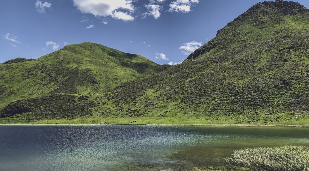Blick auf den Grünsee der von grünen Wiesen eingebettet ist. | © Davos Klosters Mountains