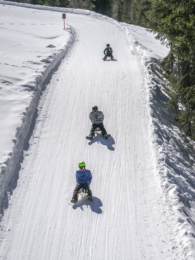 Sled run Rinerhorn | © Davos Klosters Mountains Group of young guys on sledge whiz down the prepared sled run. | © Davos Klosters Mountains
