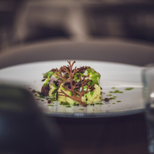 Der Oktopus-Salat des Bistro National liegt schön angerichtet auf dem Teller und sind köstlich aus. | © Davos Klosters Mountains