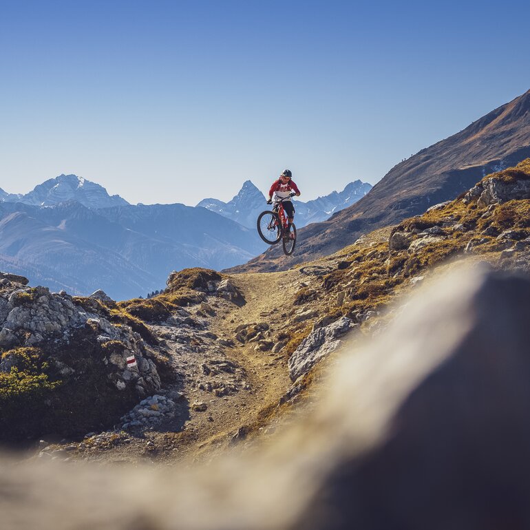 A biker jumpes on the signal trail on Gotschna, the Tinzenhorn in the background.  | © Davos Klosters Mountians
