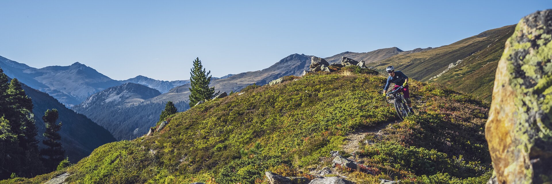Ein Biker ist auf dem Biketrail im herbstlichen Flüelatal unterwegs. | © Davos Klosters Mountains